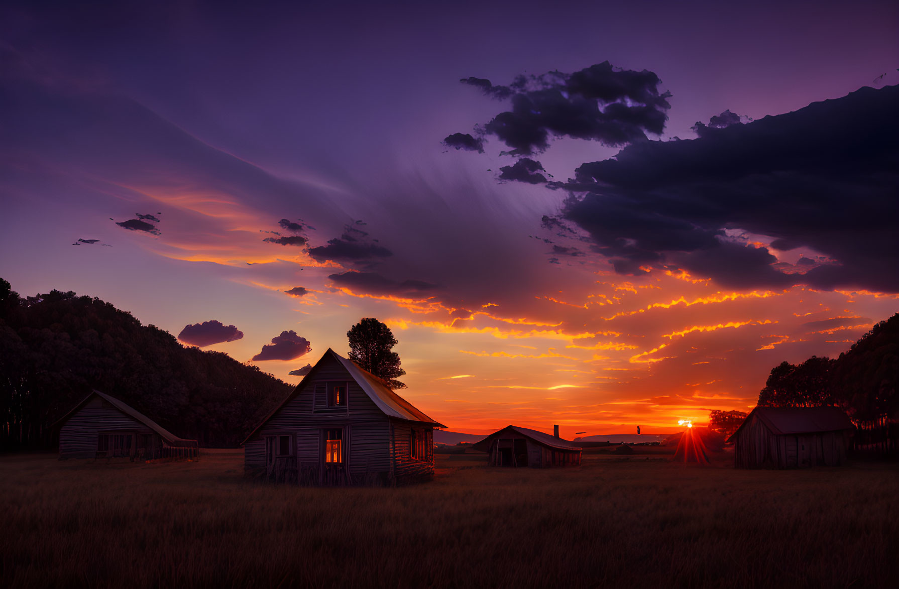 Tranquil rural sunset with orange sky, silhouetted wooden houses, and dramatic clouds