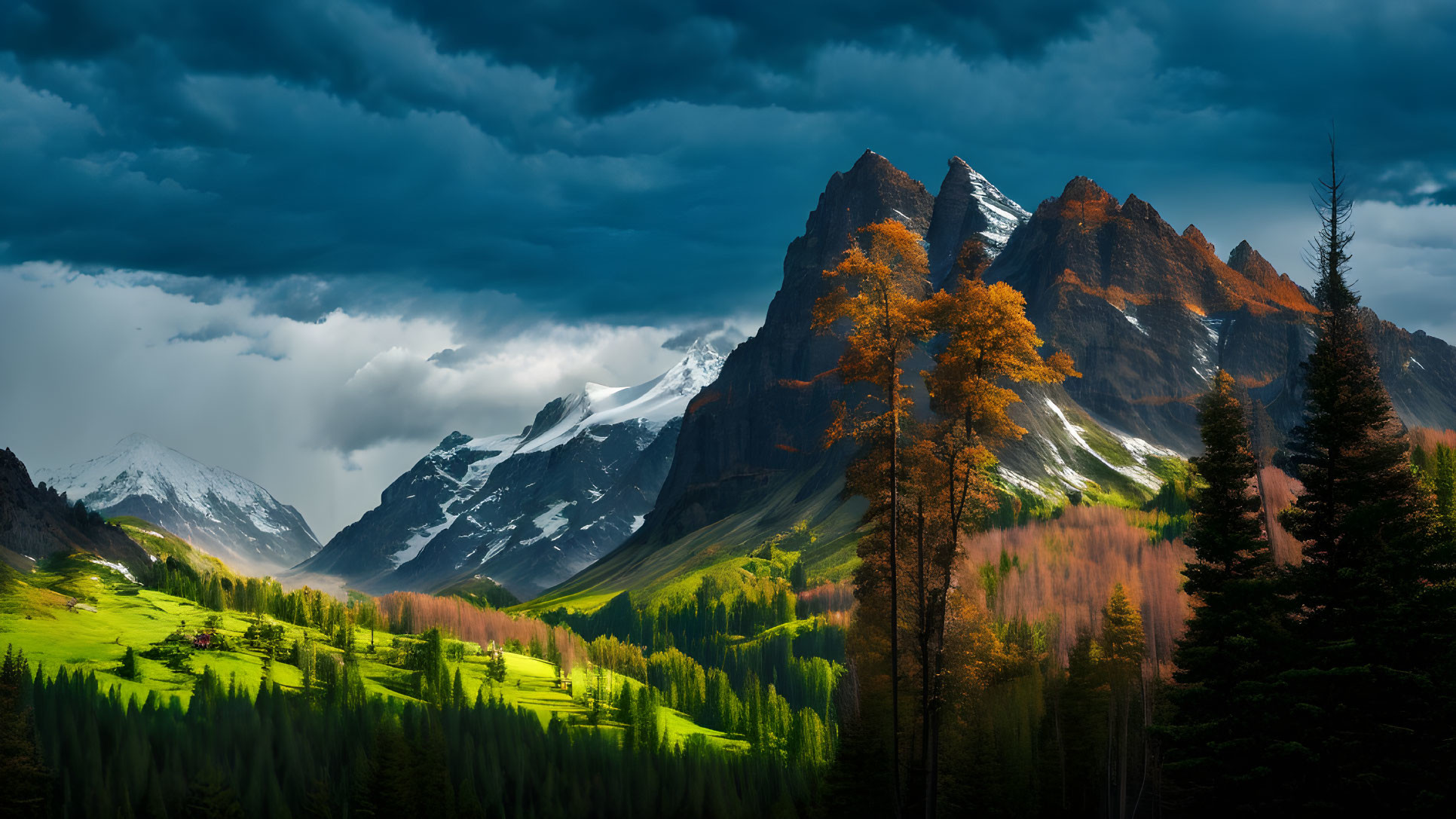 Vivid Green Valleys and Autumnal Trees in Dramatic Mountain Landscape