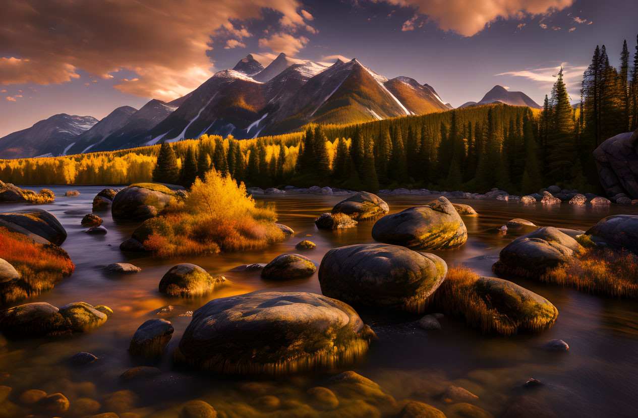 Tranquil river with moss-covered rocks, golden foliage, and majestic mountains at dusk