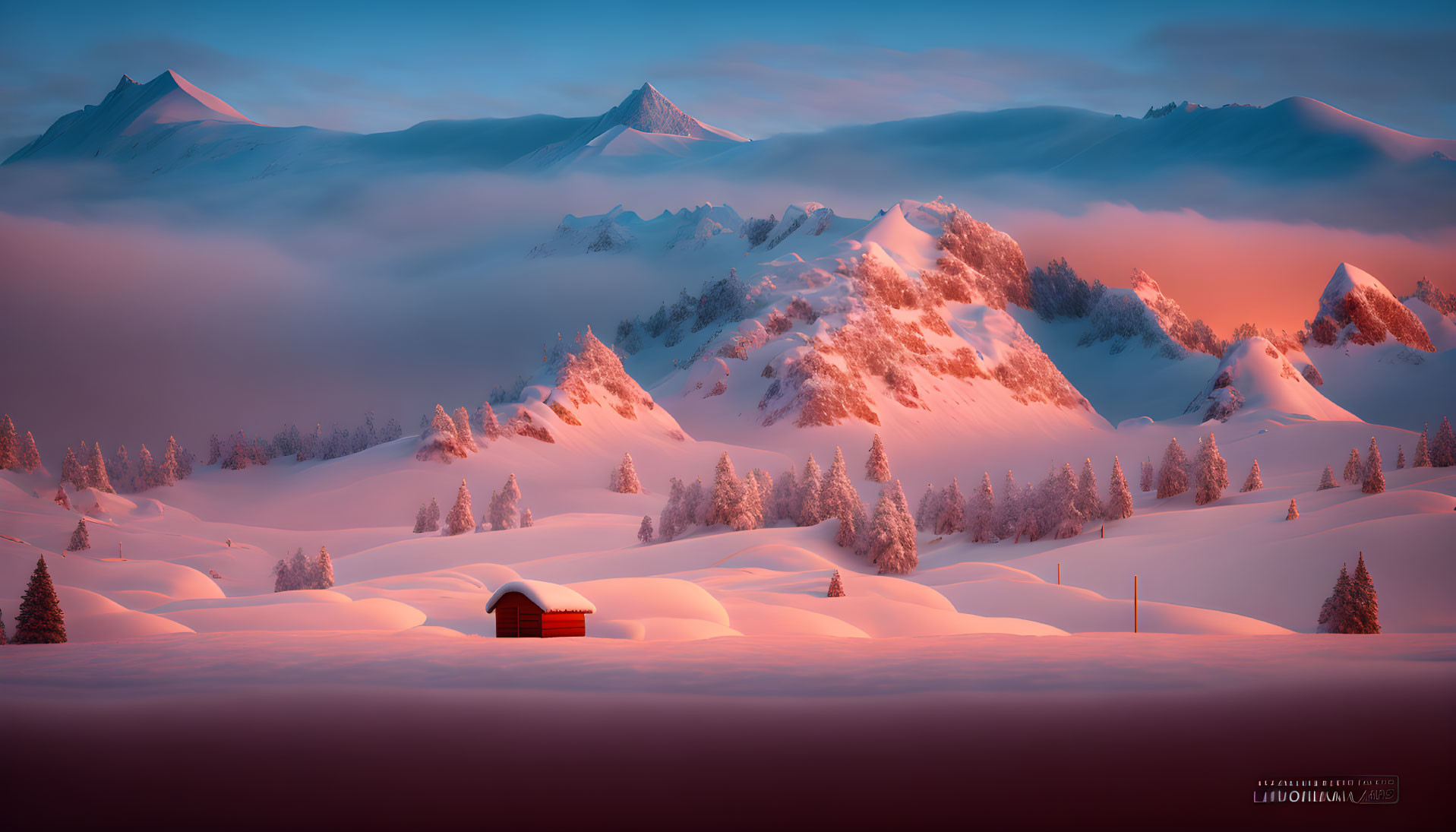 Snowy Alpine Sunset Scene: Cabin, Peaks, Snowdrifts, Pink Skies