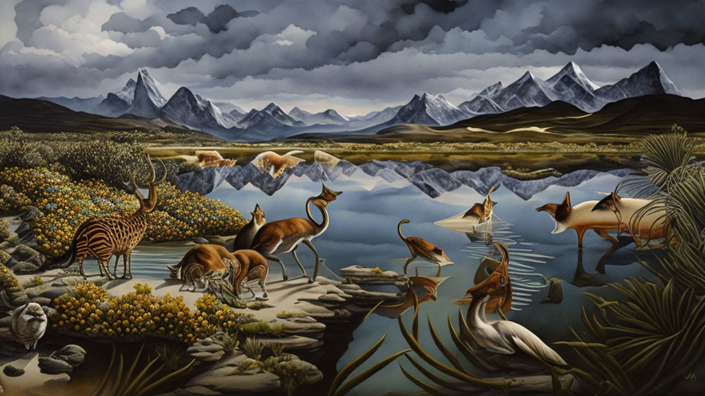 Surreal painting: Animals with mismatched body parts by calm lake