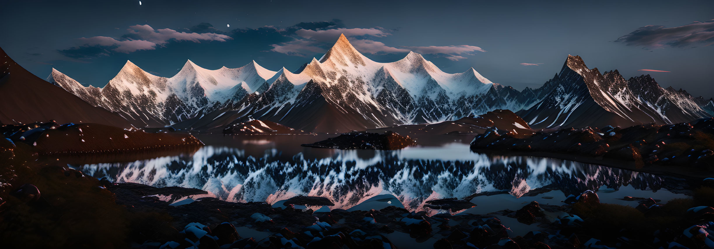 Tranquil mountain lake at dusk with snow-capped peaks reflecting under twilight sky