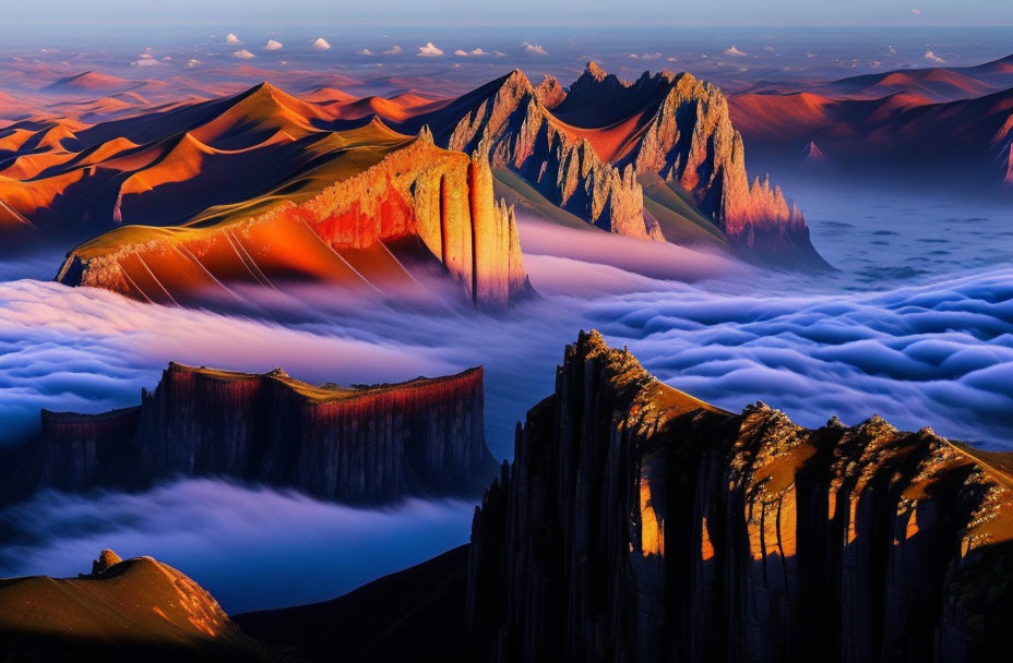 Majestic mountain peaks above clouds in golden light and sand dunes