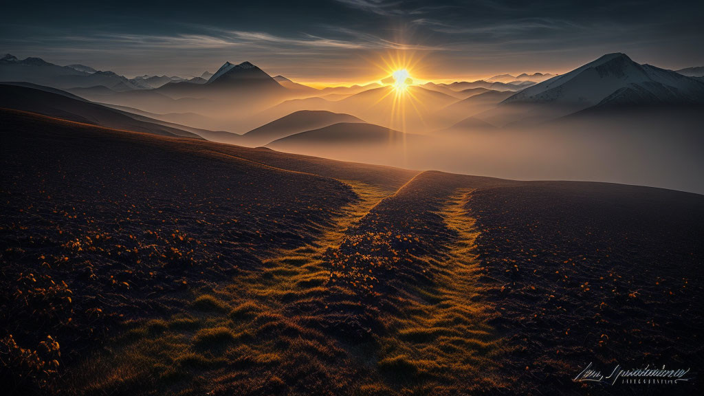 Scenic sunrise over rolling hills with mountain range and path