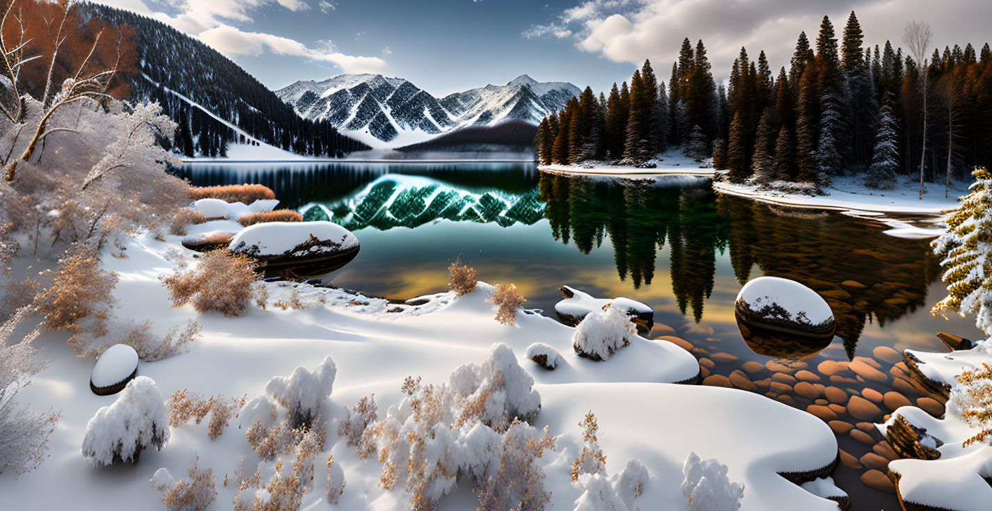 Snow-covered lakeshore with pine trees and mountains reflected in calm water