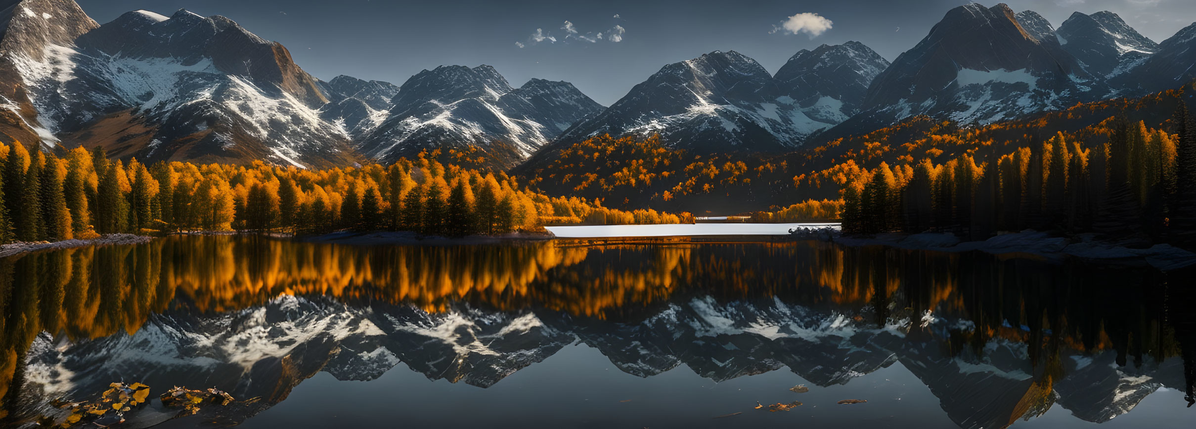 Tranquil Mountain Range with Autumnal Forests and Lake Reflections