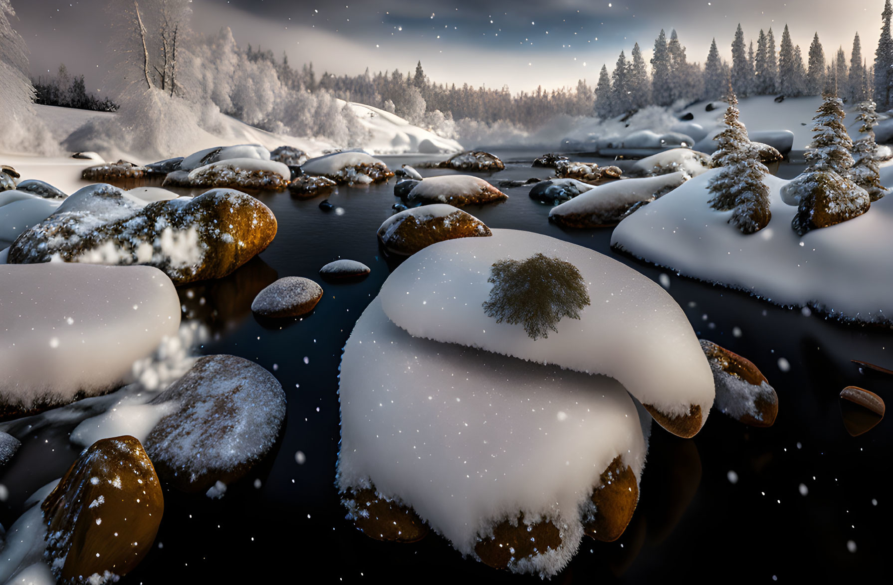 Snowy Twilight Landscape with River, Rocks, Pine Trees, and Snowfall