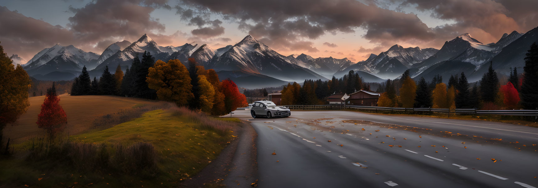 Winding Road Scene with Parked Car, Autumn Trees, Mountains, and Sunrise