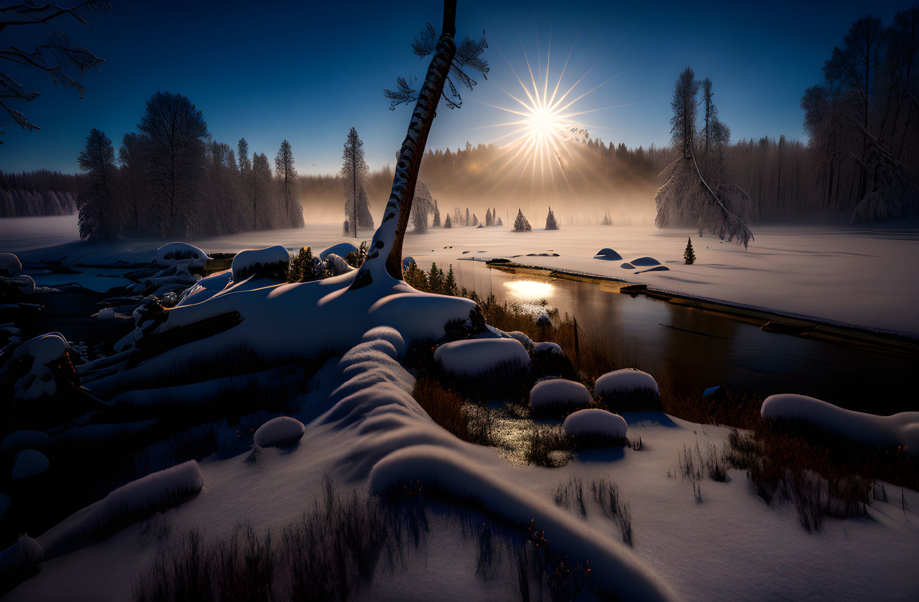 Snowy Sunrise Landscape with River, Sunbeams, and Bare Trees