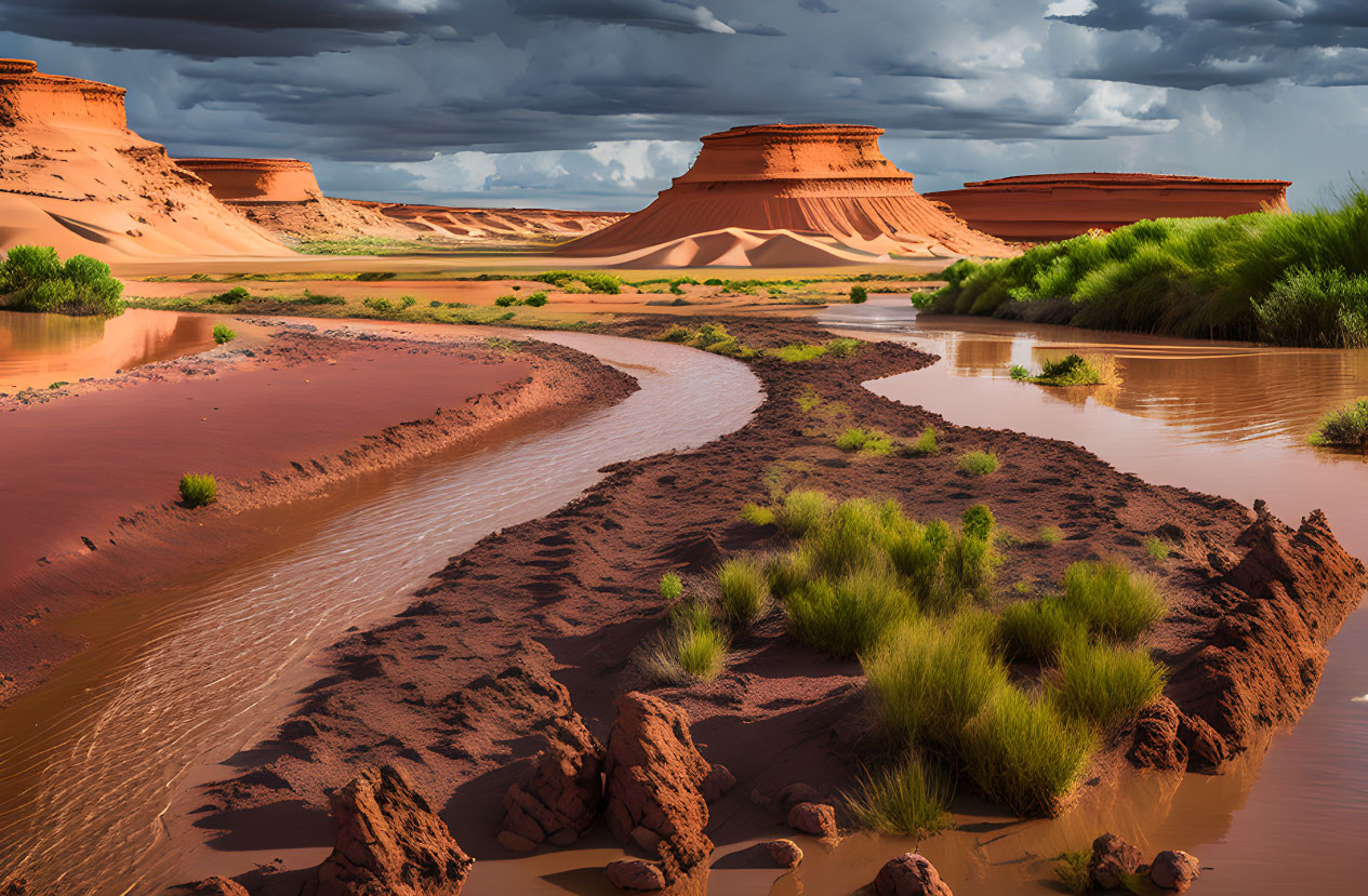 Winding River in Desert Landscape with Dramatic Sky