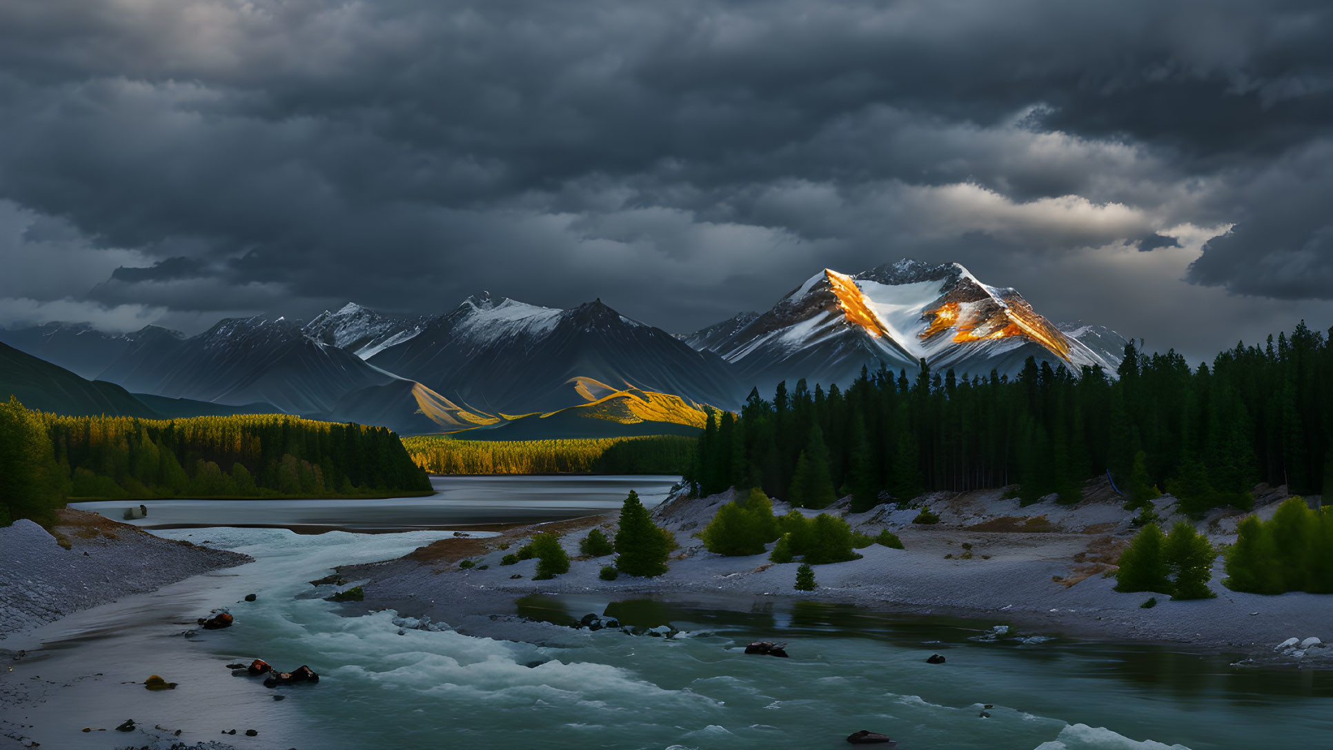 River winding through dark forest to snow-capped mountains under stormy sky