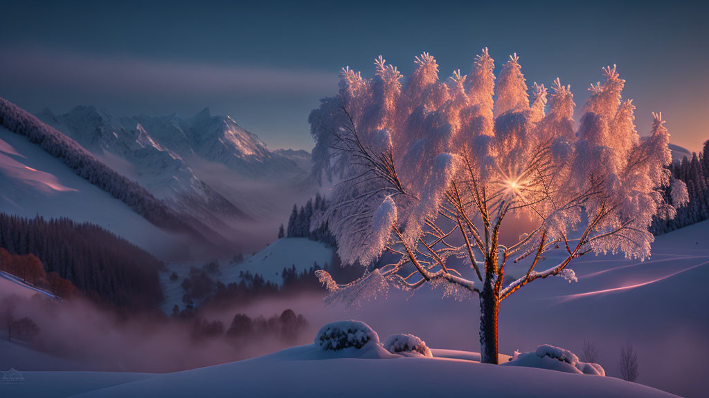 Frost-covered tree in soft golden light with snowy mountains and misty valley at twilight