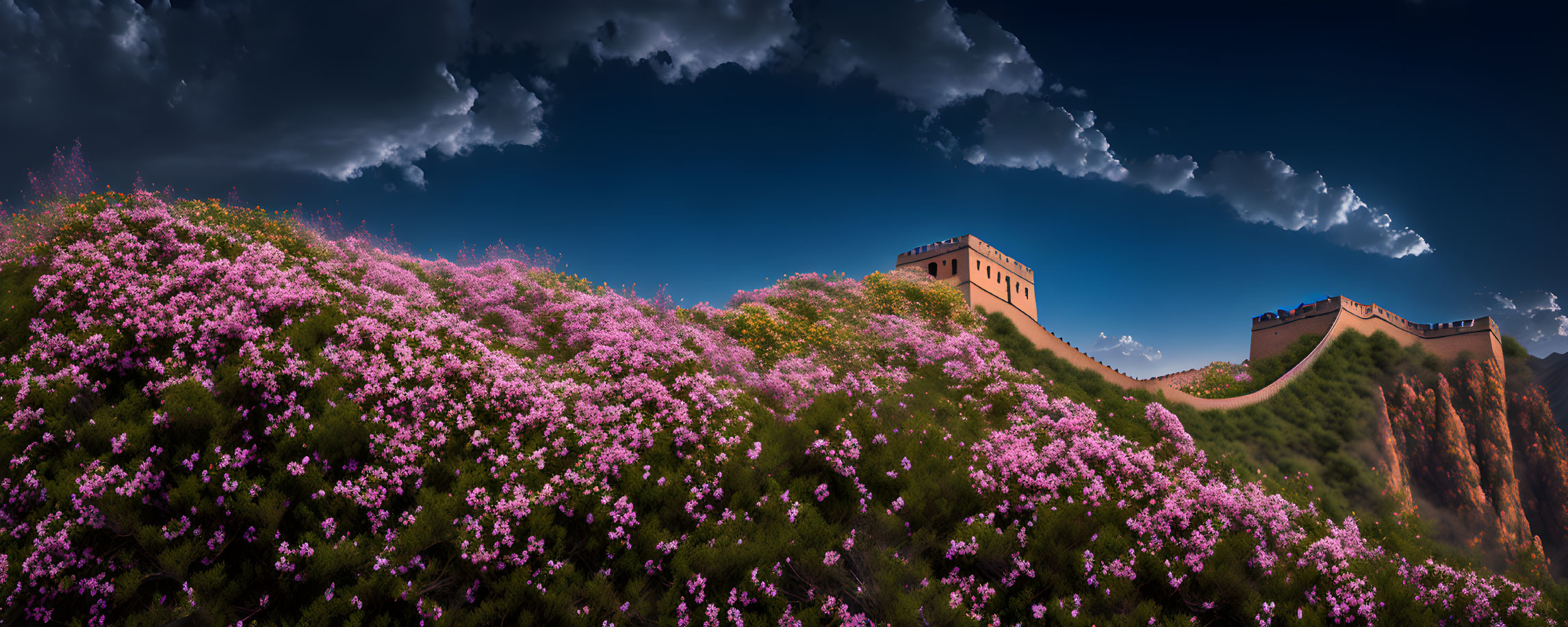 Great Wall of China with Purple Flowers under Blue Sky