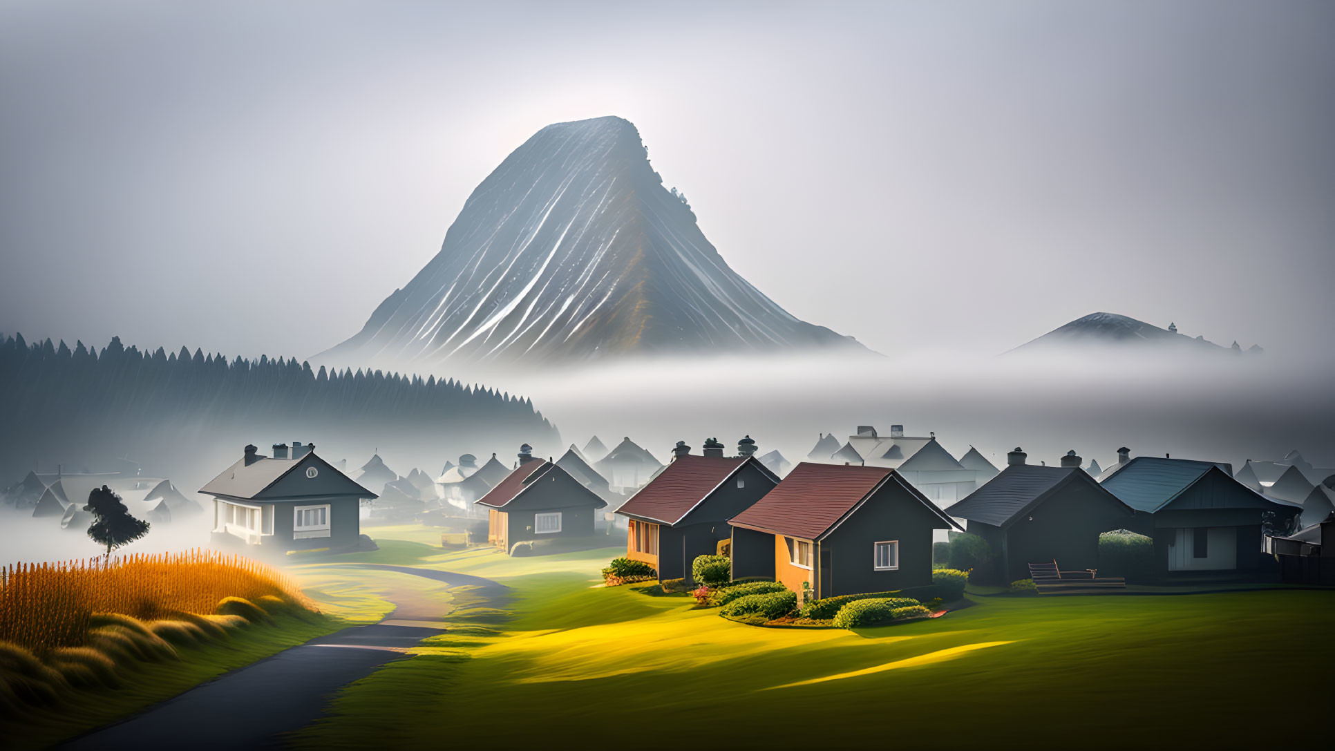 Majestic mountain landscape with mist, colorful houses, and winding path