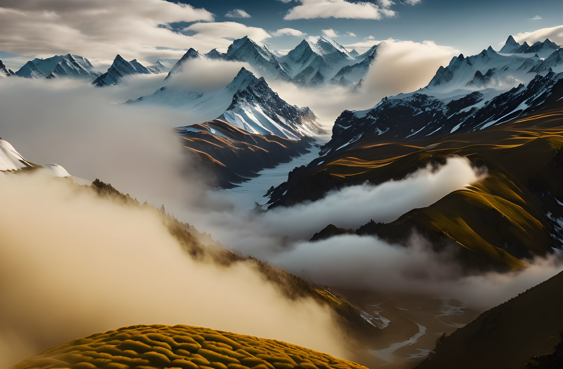 Majestic snow-capped mountains and rolling foggy valleys.