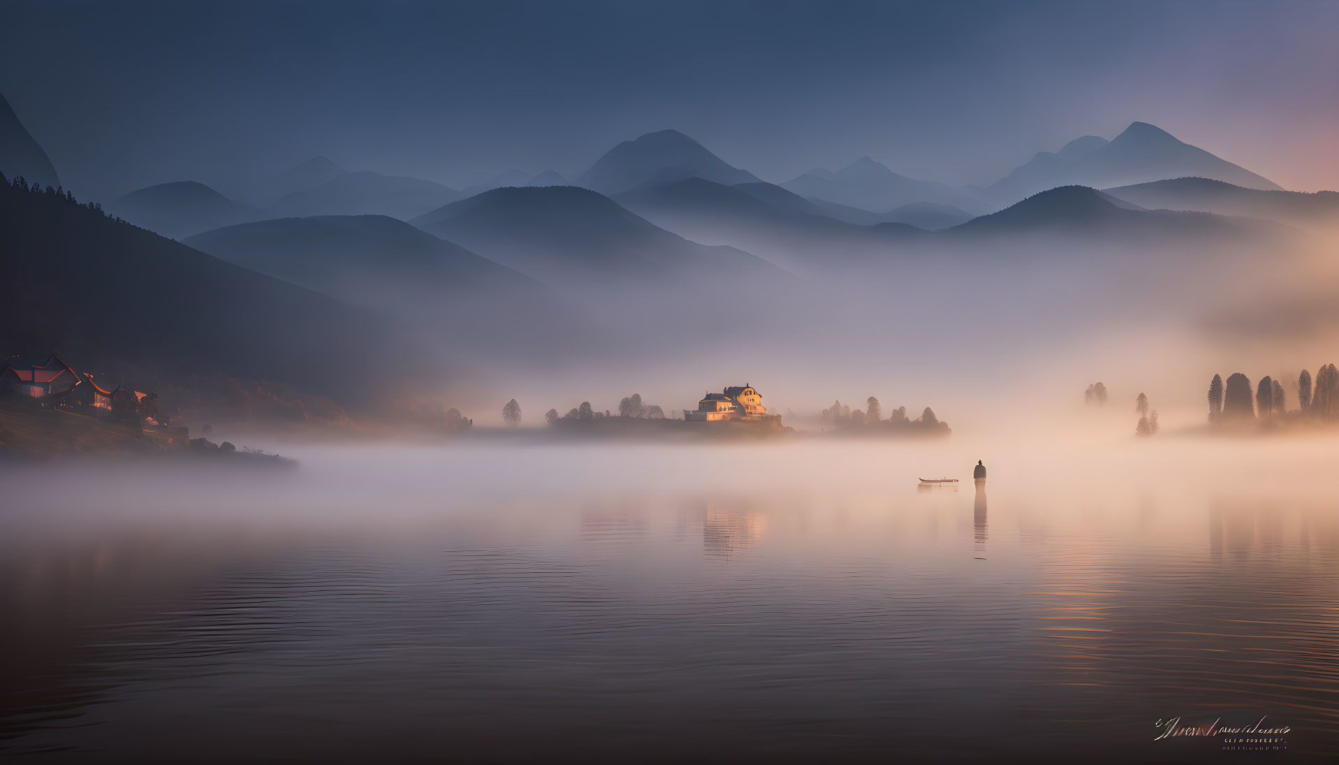 Tranquil lake with fog, boat, mountains, and twilight settlement