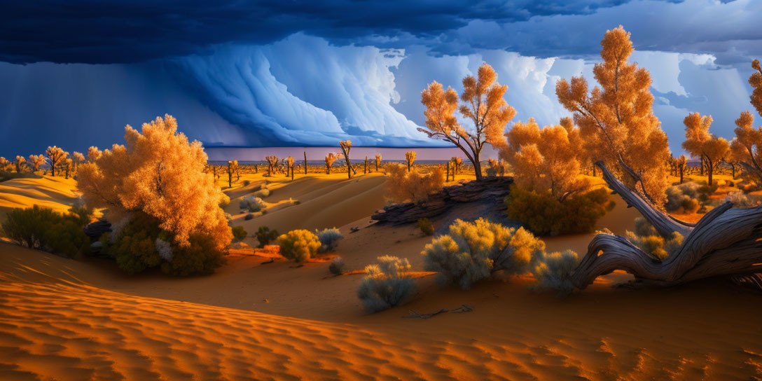 Desert landscape with golden sand dunes and threatening sky