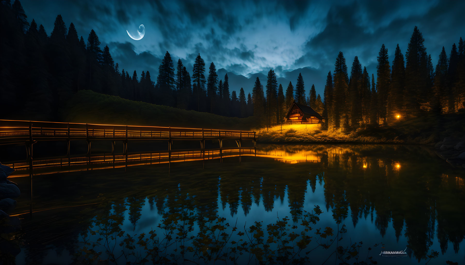 Night Landscape: Glowing Cabin by Lake, Lit Pathway, Crescent Moon