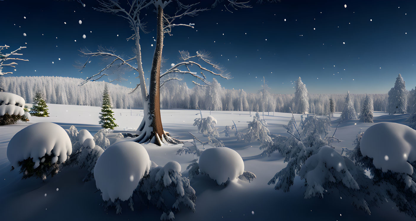 Snow-covered trees under starry sky in serene winter forest.