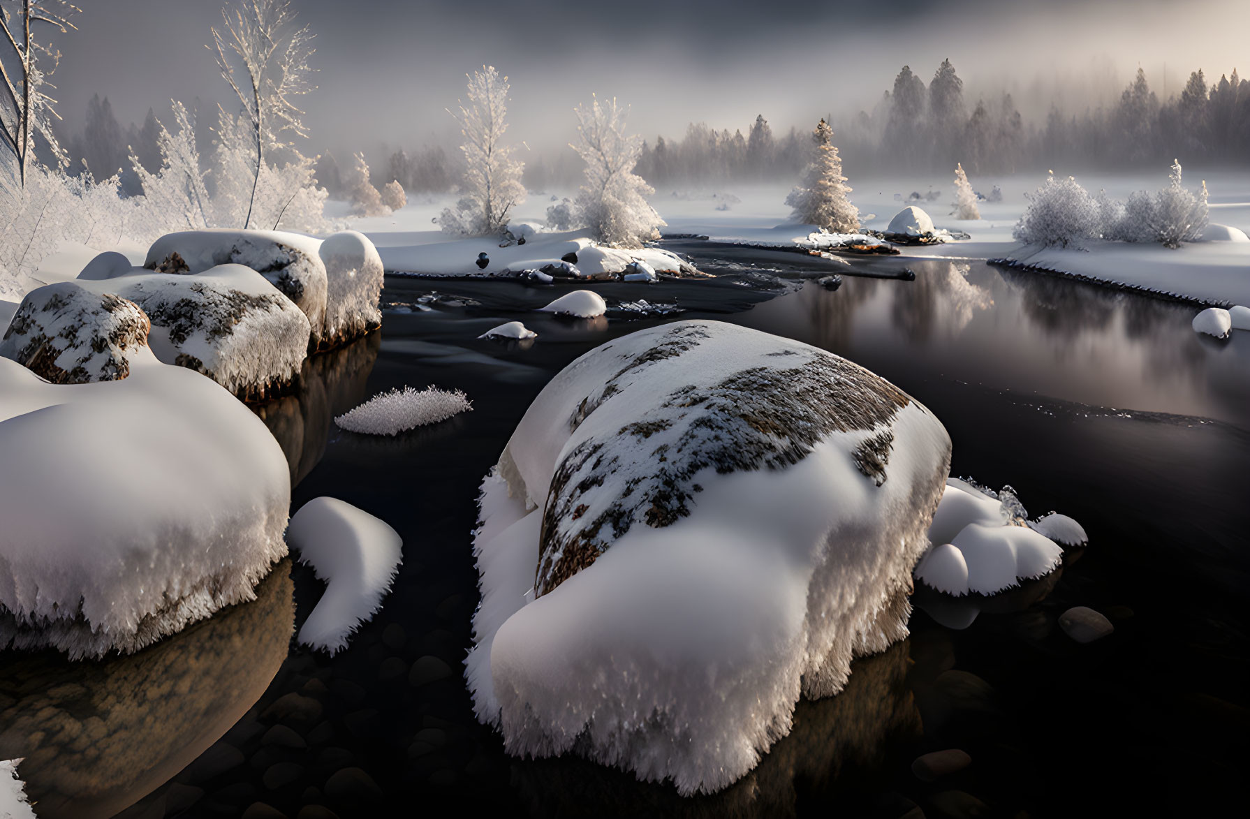 Snow-covered Rocks in Tranquil Winter Landscape with Calm River and Frosty Trees