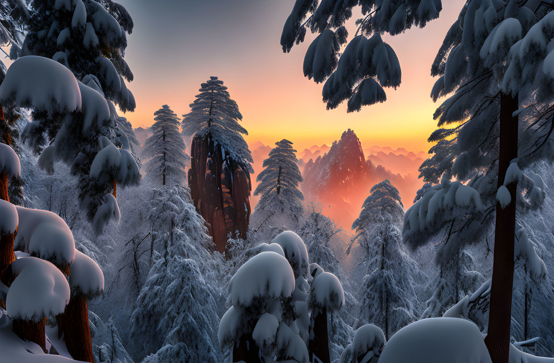 Winter sunset over snow-covered pine trees and mountains