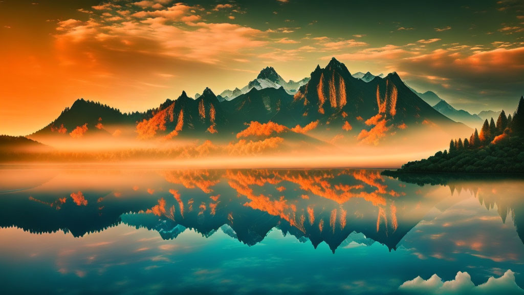 Tranquil lake with mountain range and sunset sky