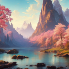 Pink Foliage, Reflective Lake, and Towering Mountains in Warm Landscape