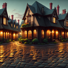 Twilight scene: Cobblestone street with warm house lights and autumn leaves