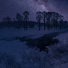 Snow-covered forest and river under starry winter sky