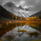 Snow-capped mountains reflected in serene autumnal lake with colorful foliage.