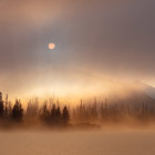 Misty Lake Sunrise with Tree Silhouettes and Mountains