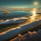 Winter Scene: Snowy Landscape, Ice Formations, Calm Lake, Mountains, Clear Sky