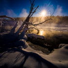 Snowy Sunrise Landscape with River, Sunbeams, and Bare Trees