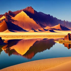 Vibrant orange dunes, rugged mountains, reflective lake in serene landscape