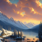 Snow-covered mountains, pine trees, and a serene lake in winter sunlight