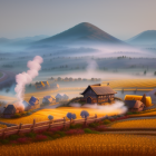 Scenic sunrise landscape with mist, factory chimney, and mountain ridges