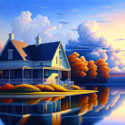 Tranquil lakeside house painting at dusk with orange trees and reflective waters