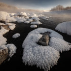 Snow-covered Rocks in Tranquil Winter Landscape with Calm River and Frosty Trees