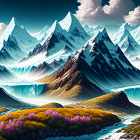 Snowy Peaks, Waterfalls, River, Valley, Purple Flowers, Dynamic Sky