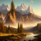 Snow-capped mountains, misty forests, pine trees, and tranquil river in golden sunrise light