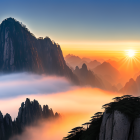 Serene mountain landscape at sunrise with misty peaks and vibrant sky