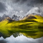 Serene mountain range reflected in calm lake under dramatic sky