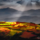 Vibrant Sand Dunes and Dark Silhouettes Against Dramatic Sky