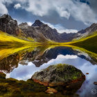 Dramatic Mountain Landscape with Reflective Lake and Moody Sky