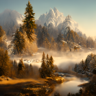 Tranquil autumn forest scene with misty lake and snow-capped mountains