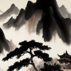 Chinese Ink Painting: Misty Mountain Peaks with Pagoda and Pine Tree