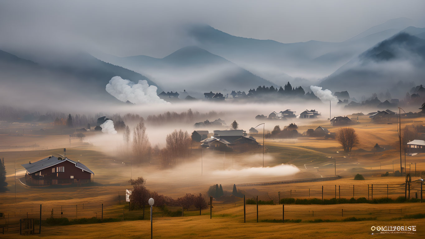 Misty Landscape with Mountains, Smoke, Buildings, Houses, and Fields