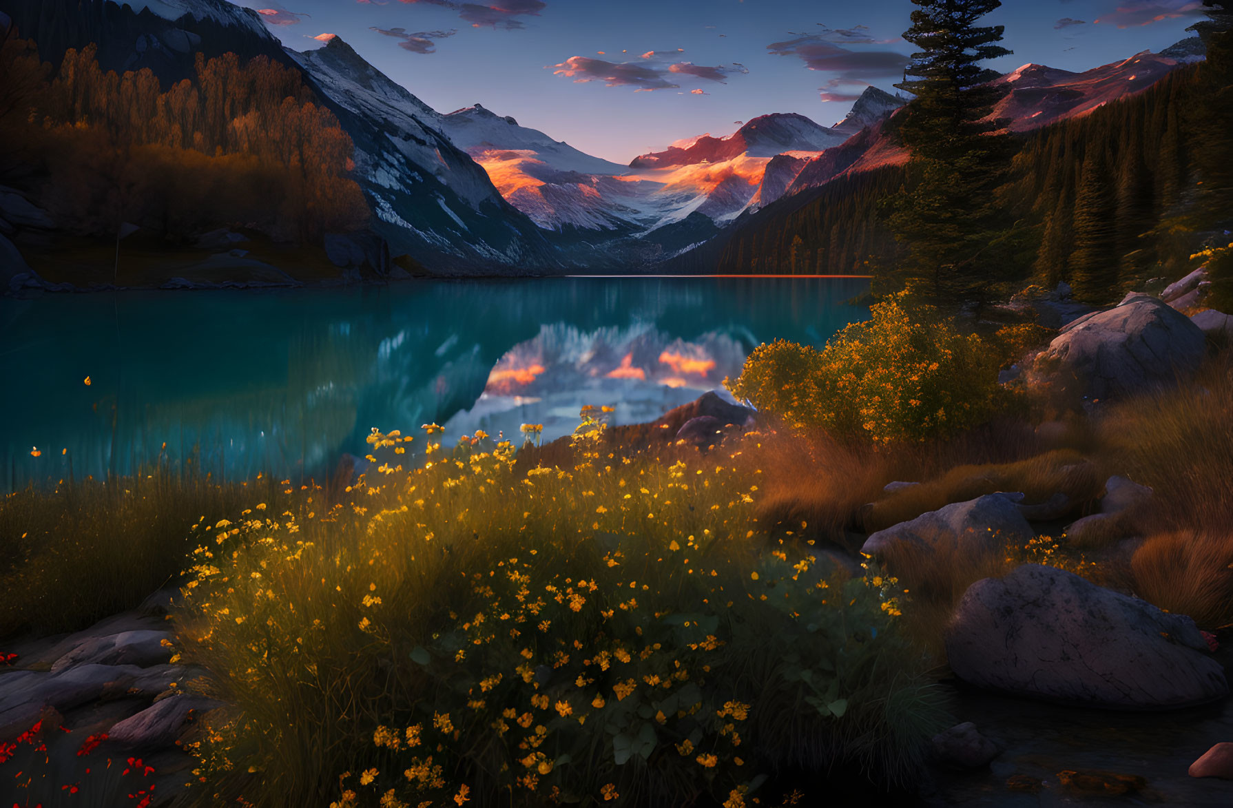 Scenic Alpine Lake Sunrise with Mountain Reflections