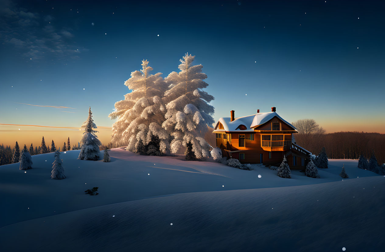 Snowy Twilight Scene: Cozy House, Frosted Trees, Starry Sky