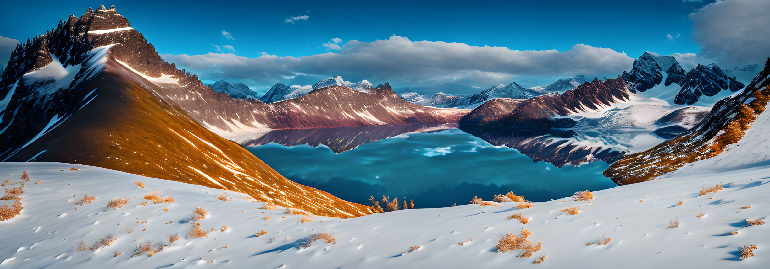 Snow-covered mountain lake under blue sky with clouds